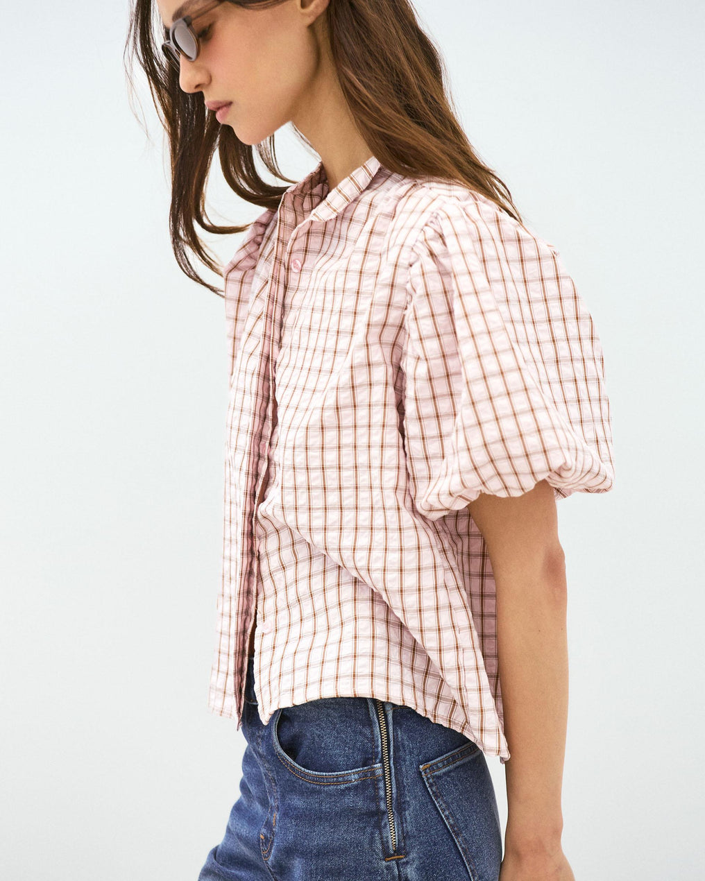 Puff Sleeve Gingham Blouse Pink