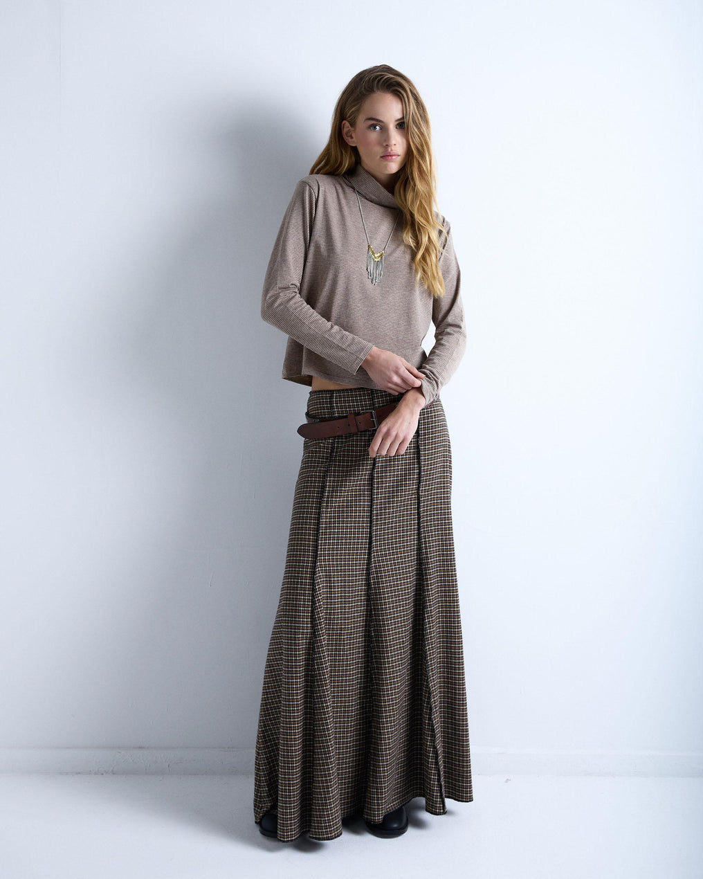 Long Skirt with Checkered Print in Brown