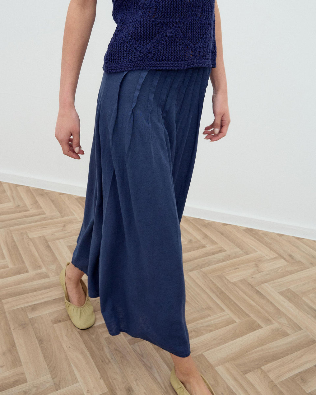 Navy Blue Linen Long Skirt with Pintucks