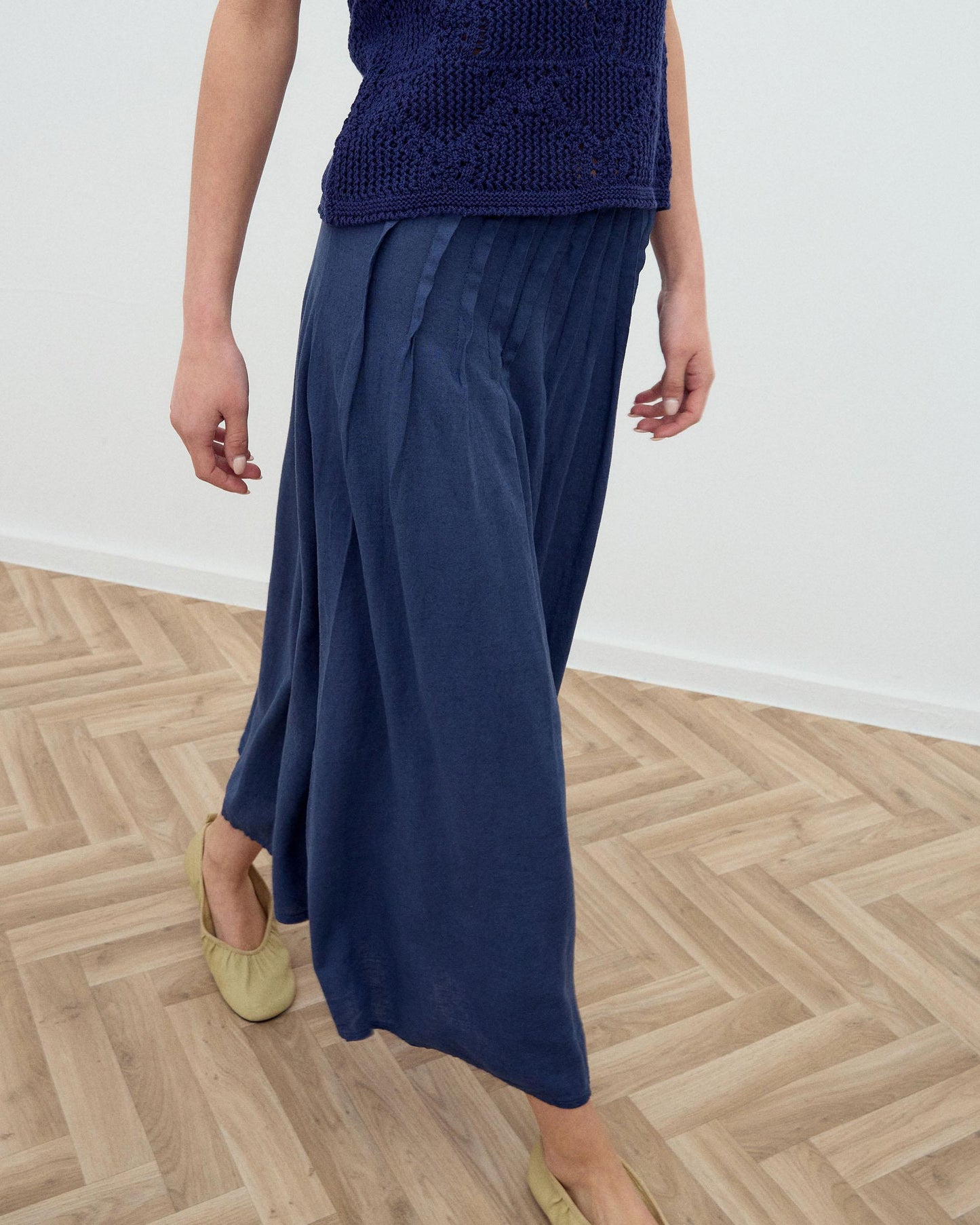 Navy Blue Linen Long Skirt with Pintucks