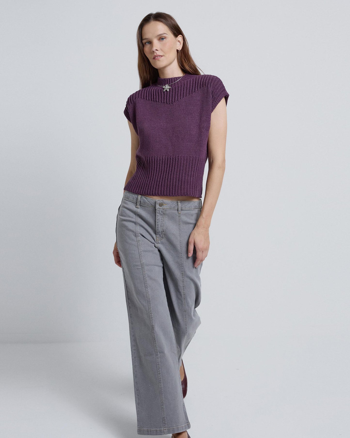 Purple Chunky Knit High Neck Vest