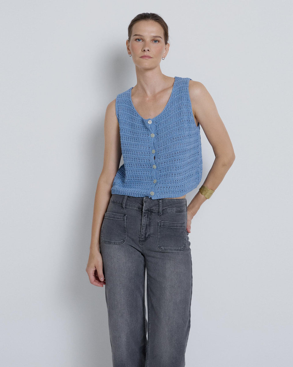 Chaleco Botones Calado Azul