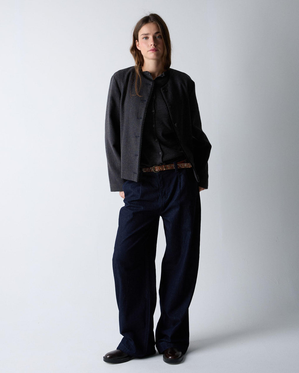 Chaqueta Botones Puntilla Mezcla Lana Marrón