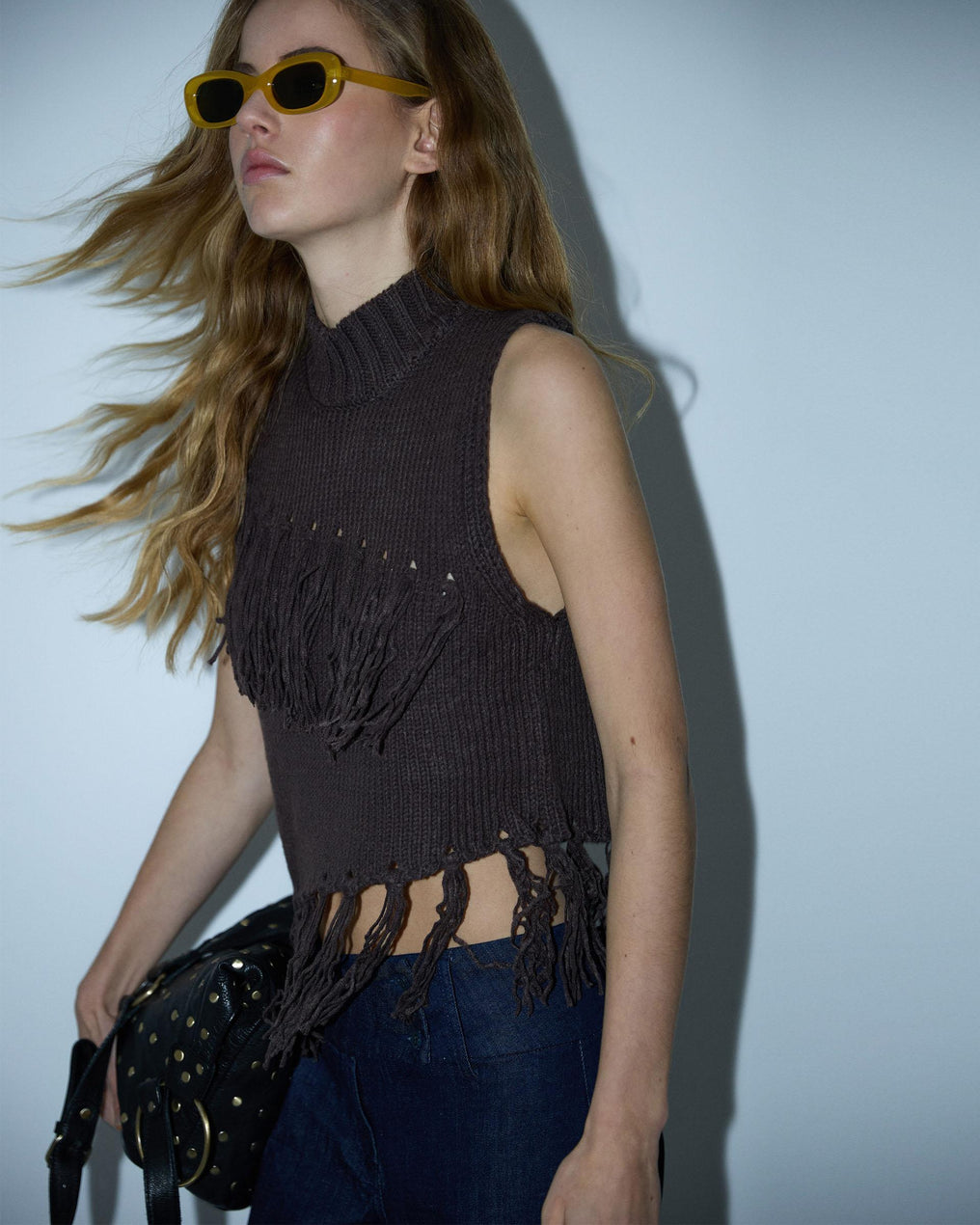 Brown Fringed Knit Vest