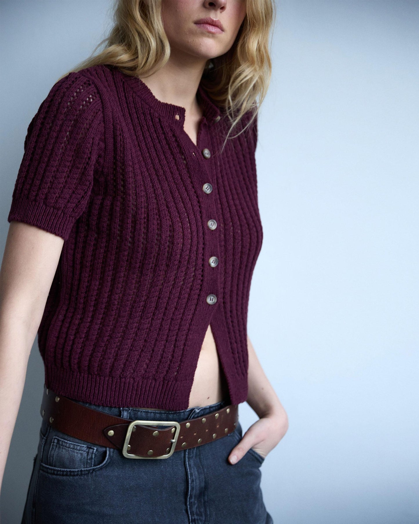 Top Manga Corta Calados Granate