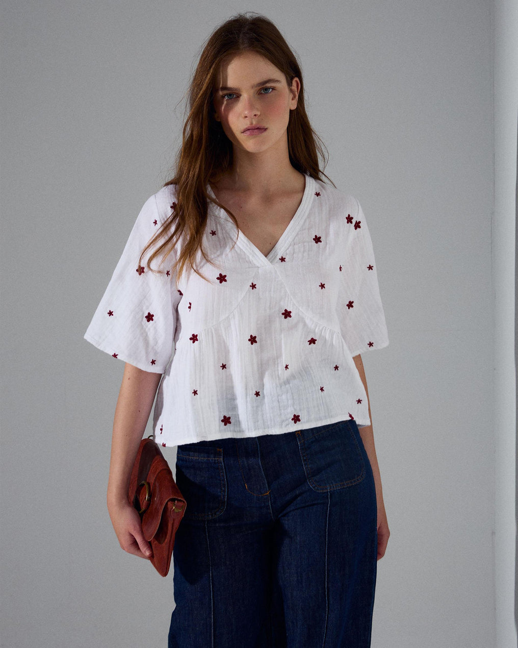Blouse Décolleté en V Broderies Floraux Blanc