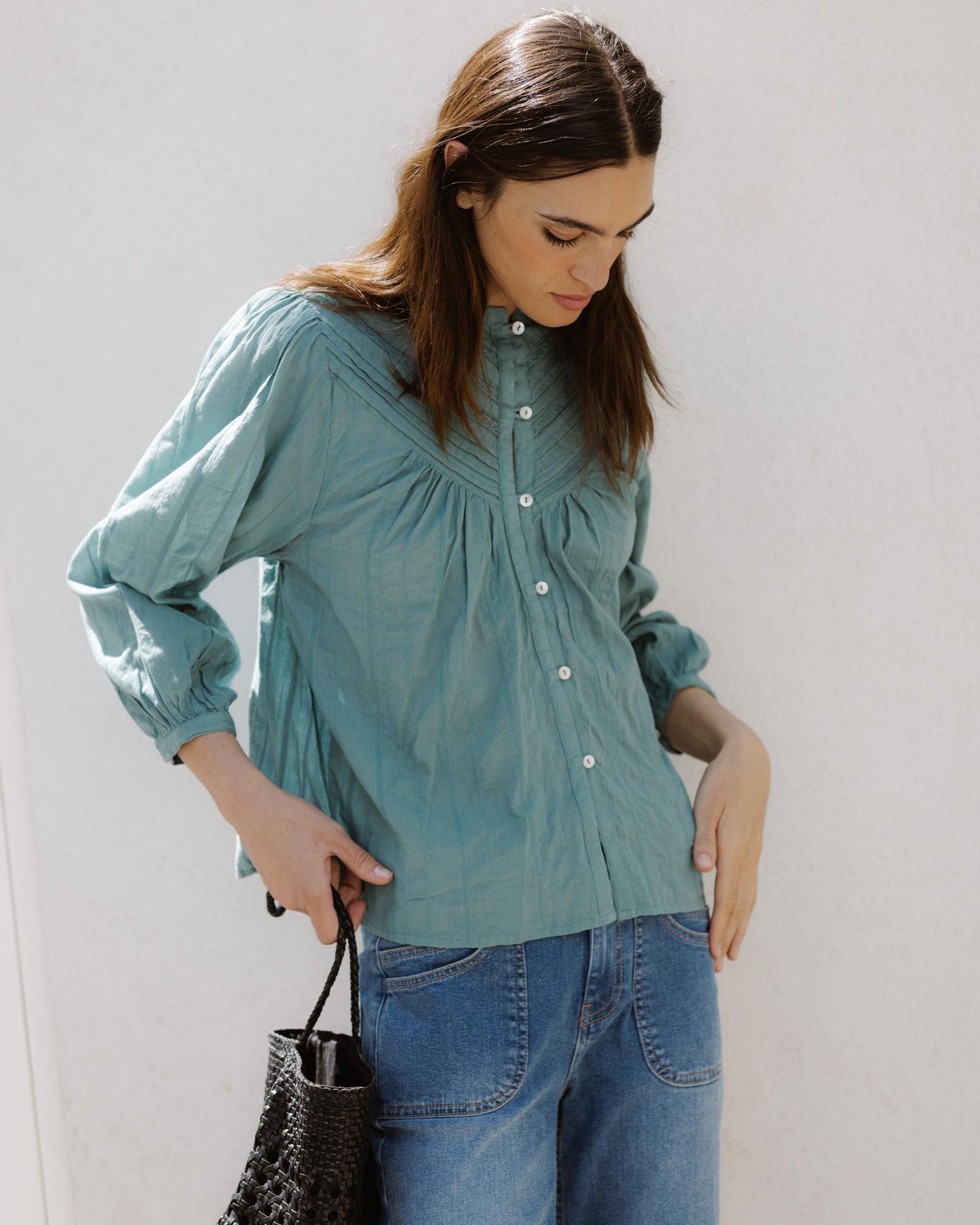 Blouse Tissu Rayures Dentelles Vert D’eau