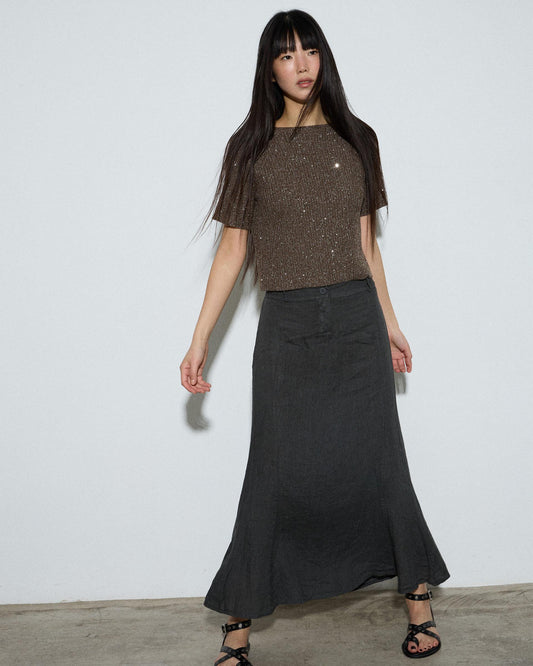 Long Linen Skirt with Anthracite Stitching
