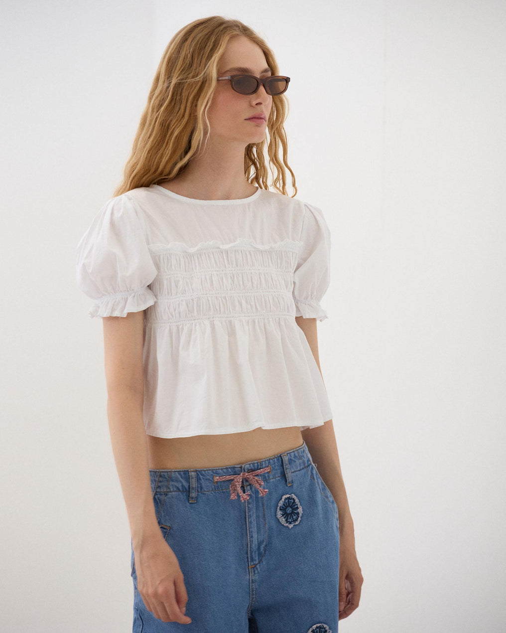 Blusa Manga Abullonada Gomas Blanca