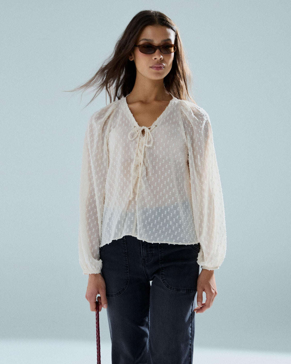 White Swiss-Dot Tie Blouse
