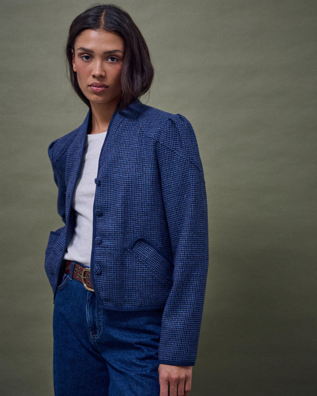 Chaqueta Ribete Contraste Mezcla Lana Azul