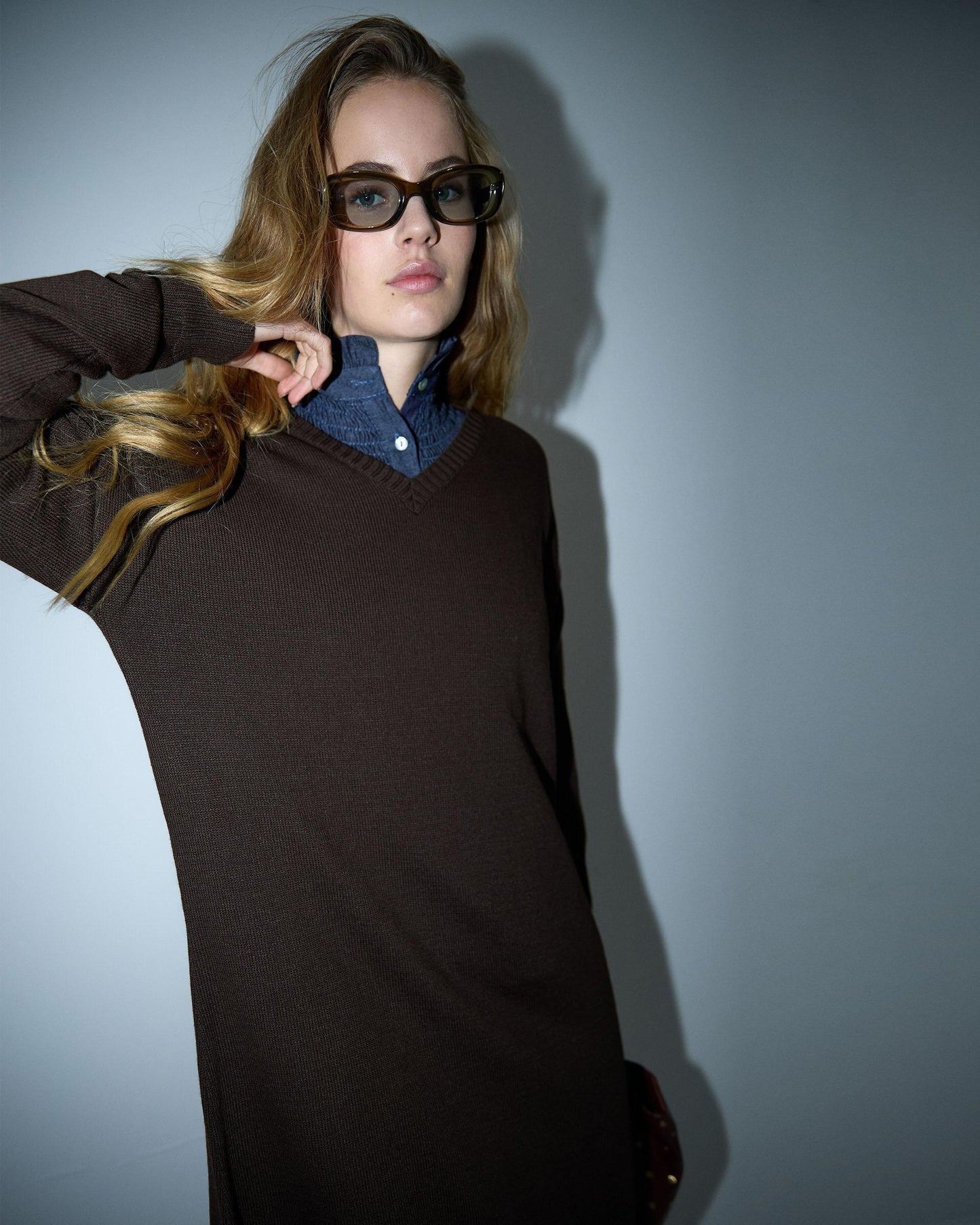 Vestido Punto Cuello Pico Marrón