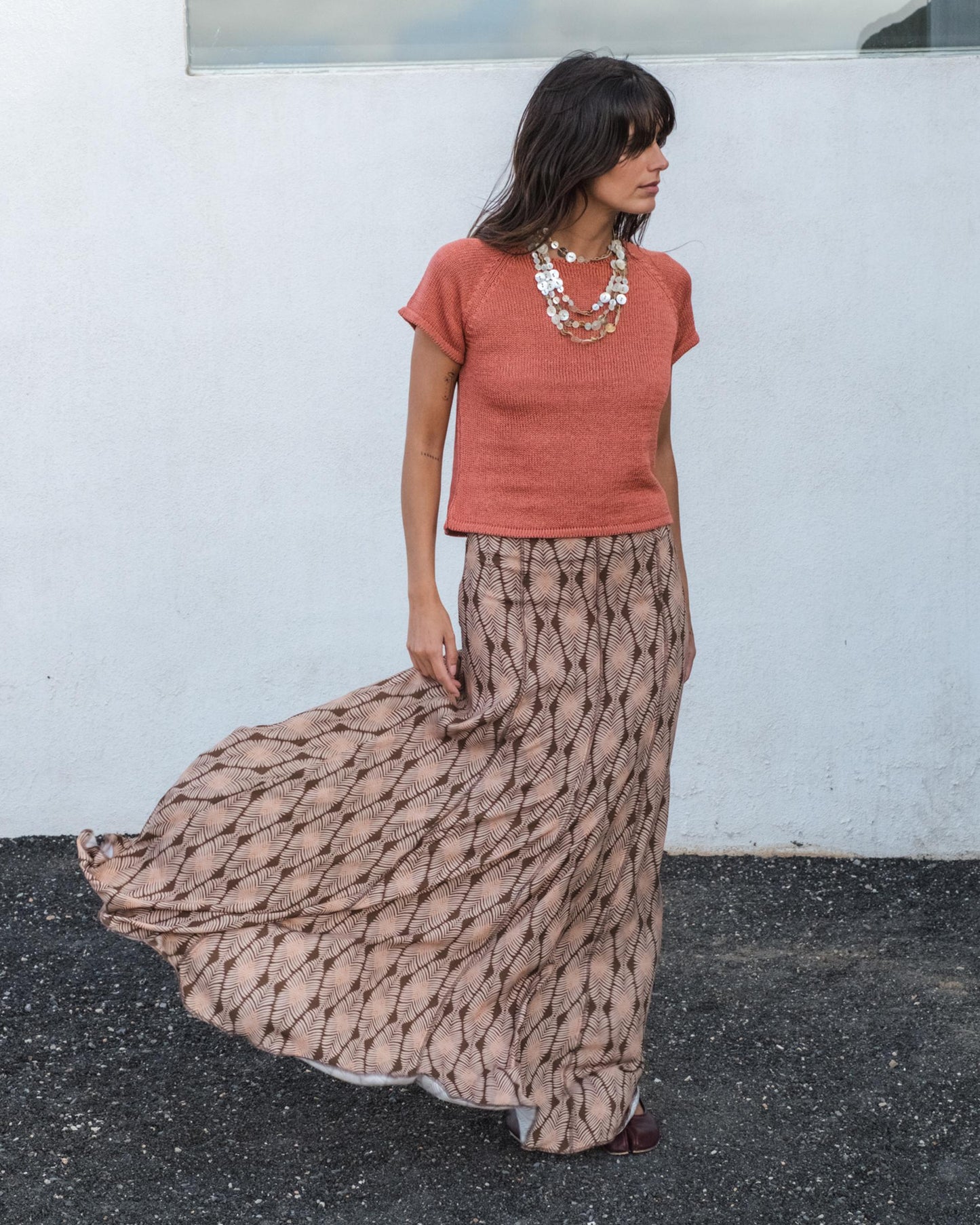 Long Skirt with Brown Leaf Print