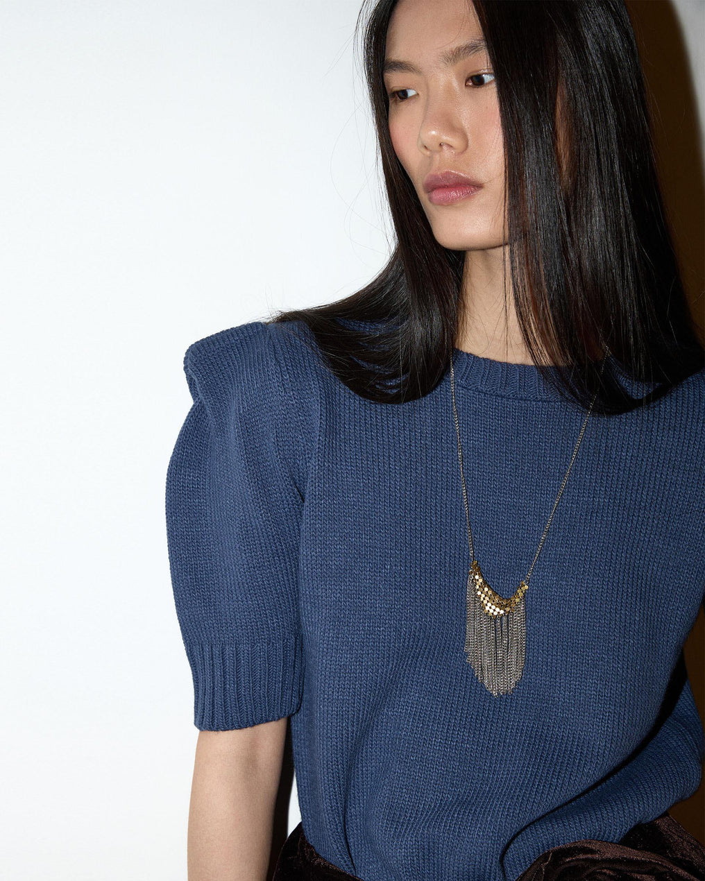 Dark Blue Knit Top with Shoulder Pads