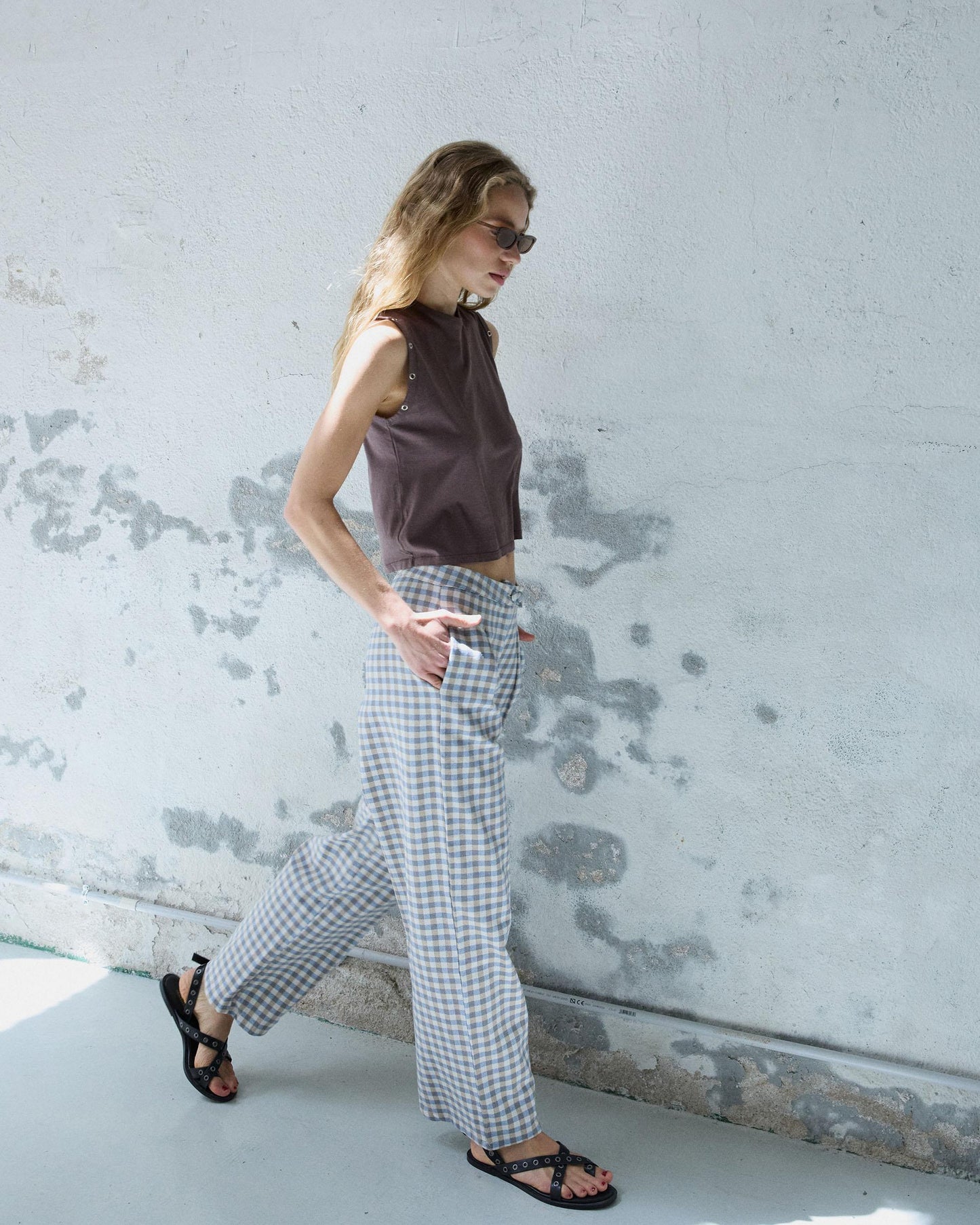 Pantalón Wide Leg Pinzas Cuadros Vichy Azul