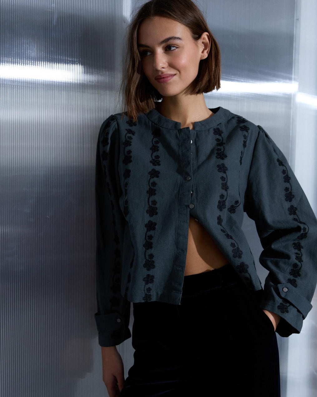 Jacket with Petroleum Flowers Buttons