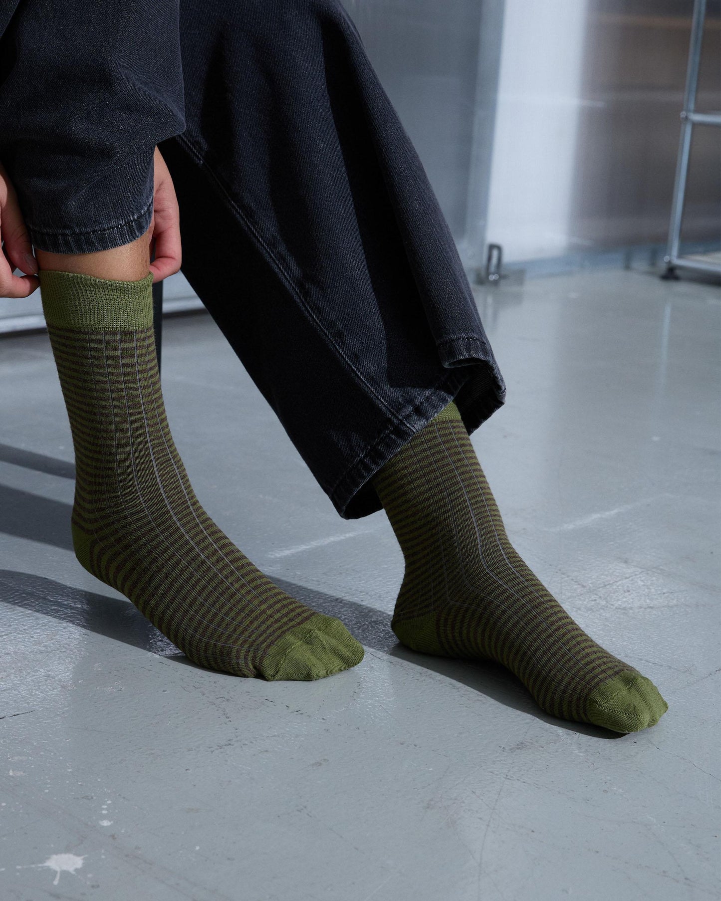 Dark Green Striped Mid-Calf Socks