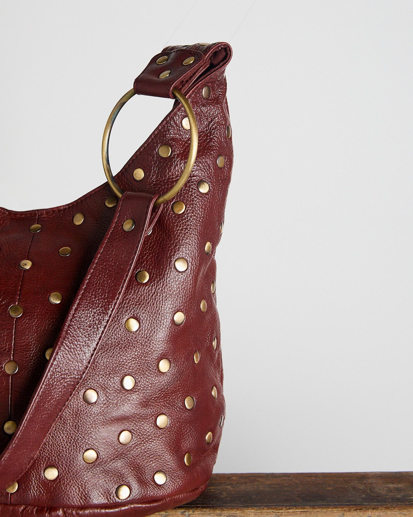 Burgundy Studded Bucket Leather Bag
