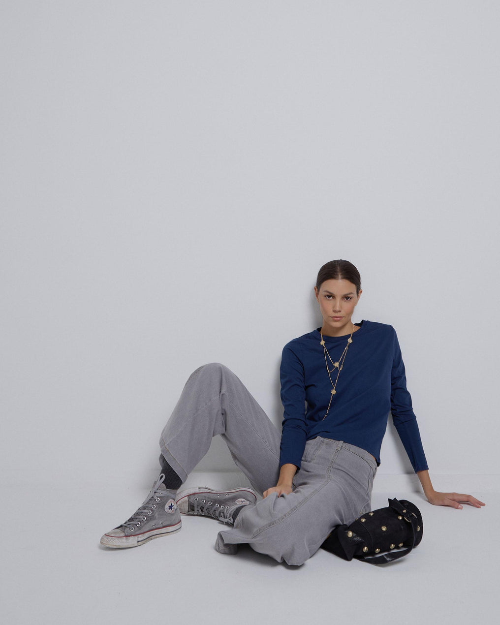 T-shirt básica azul marinho manga comprida