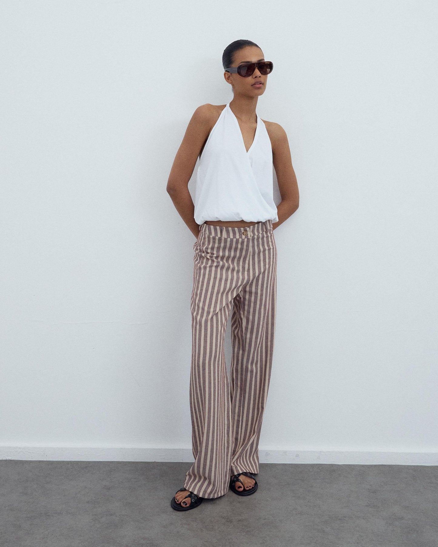 Brown Striped Flowy Trousers