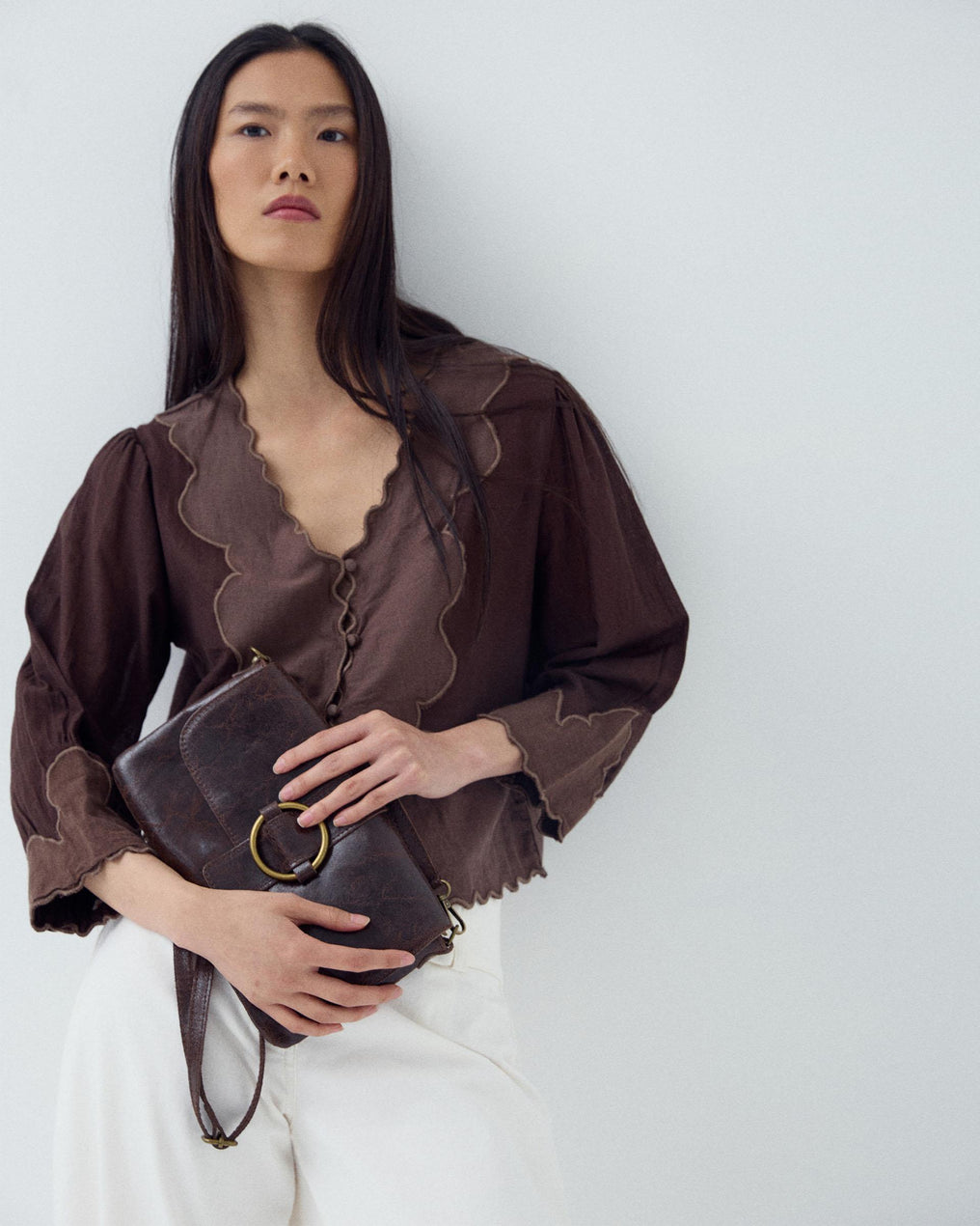 Blusa Manga Francesa Contraste Castanho