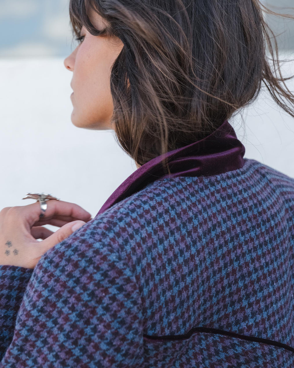 Casaco bomber de veludo contrastante com mistura de lã roxa