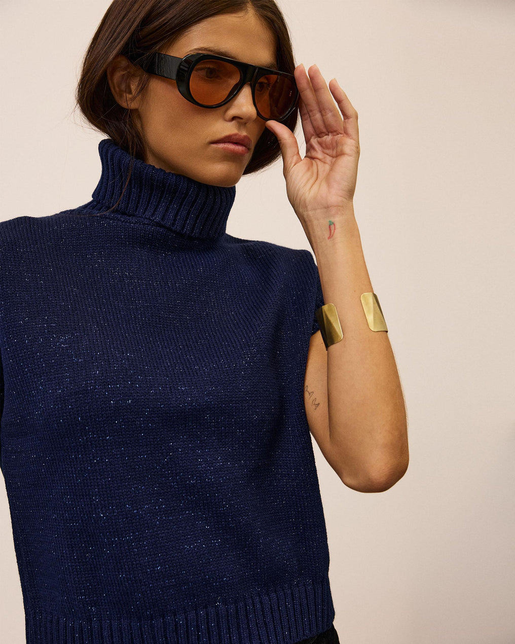 Chaleco Cuello Vuelto Lurex Azul Marino