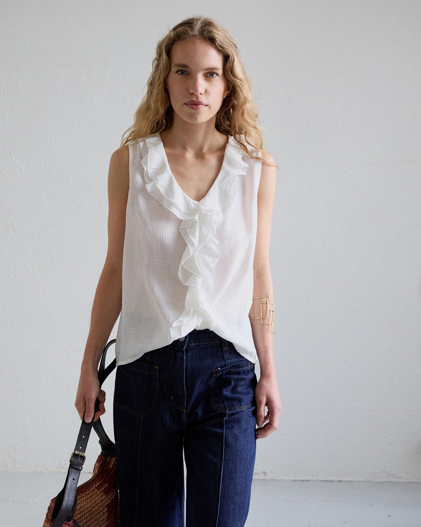 White V-Neck Ruffle Sleeveless Blouse