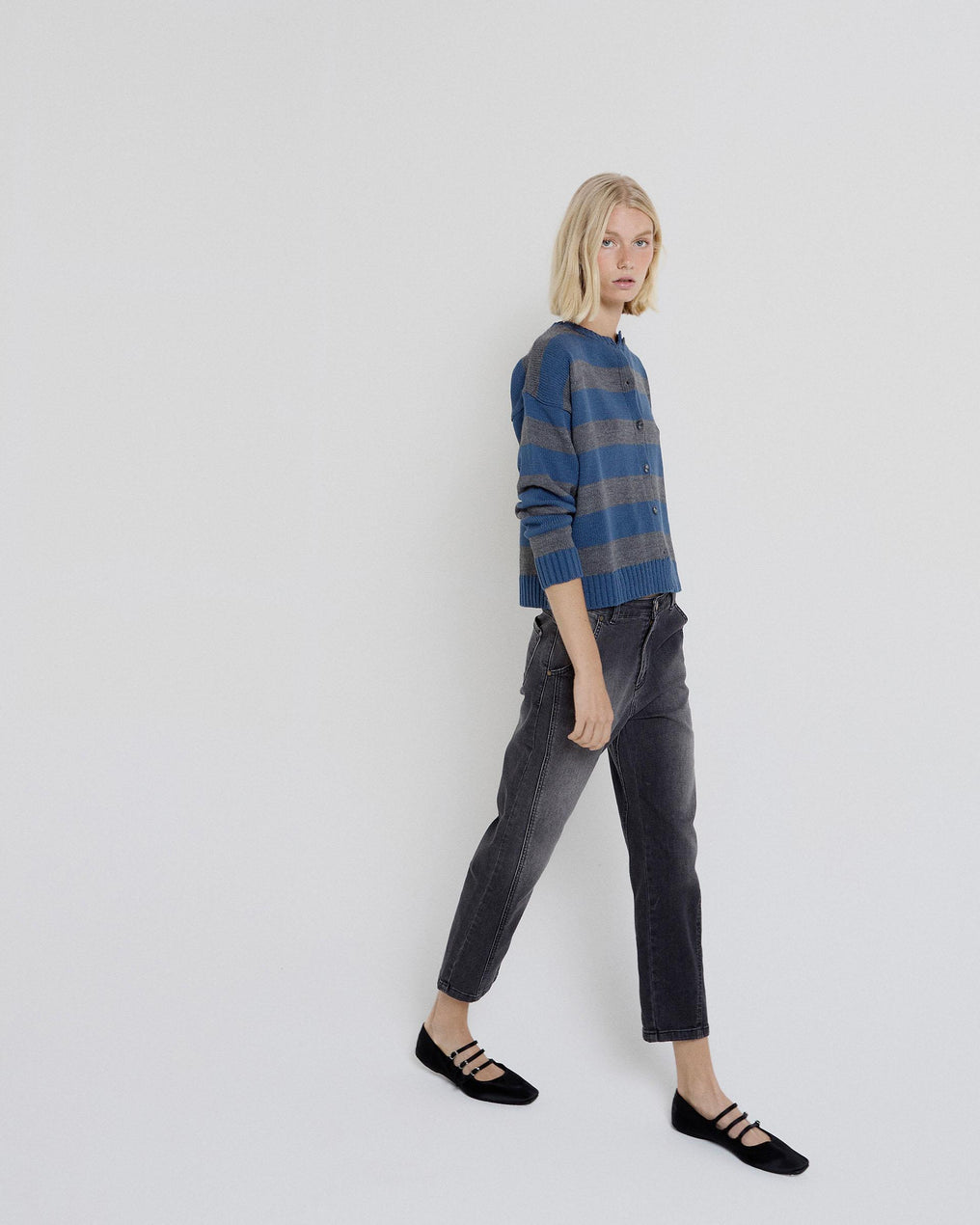 Gray Horizontal Stripes Round Neck Jacket