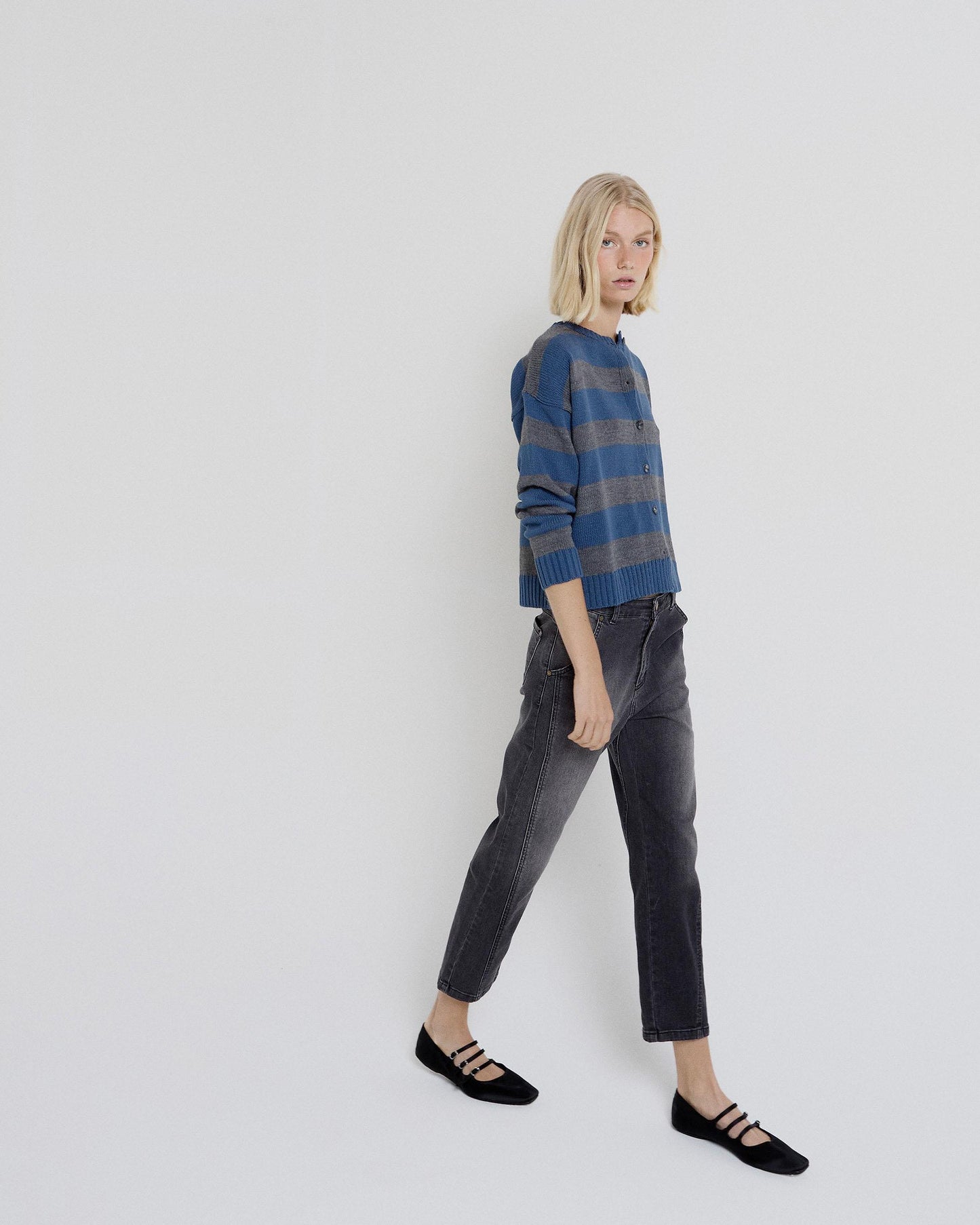 Gray Horizontal Stripes Round Neck Jacket