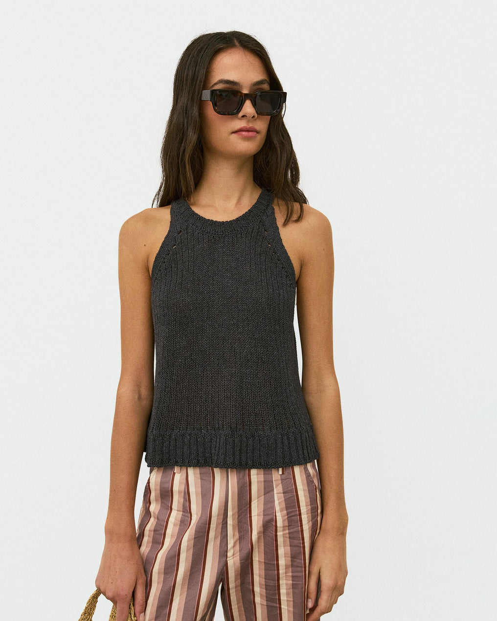 Top de Malha sem Mangas com Gola Redonda Rib Antracite