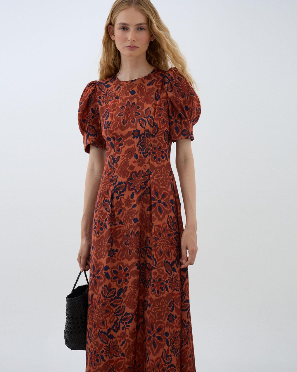 Vestido Manga Abullonada Estampado Floral Naranja