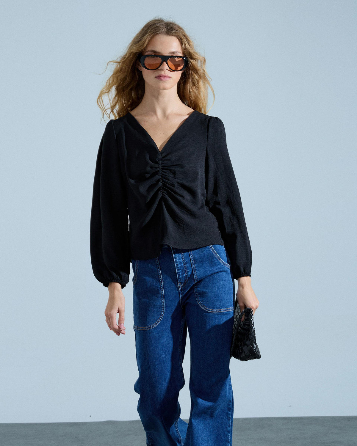 Blusa Manga Larga Frunce Negro