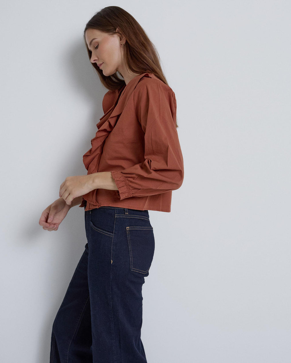 Blusa Cuello V Volantes Teja