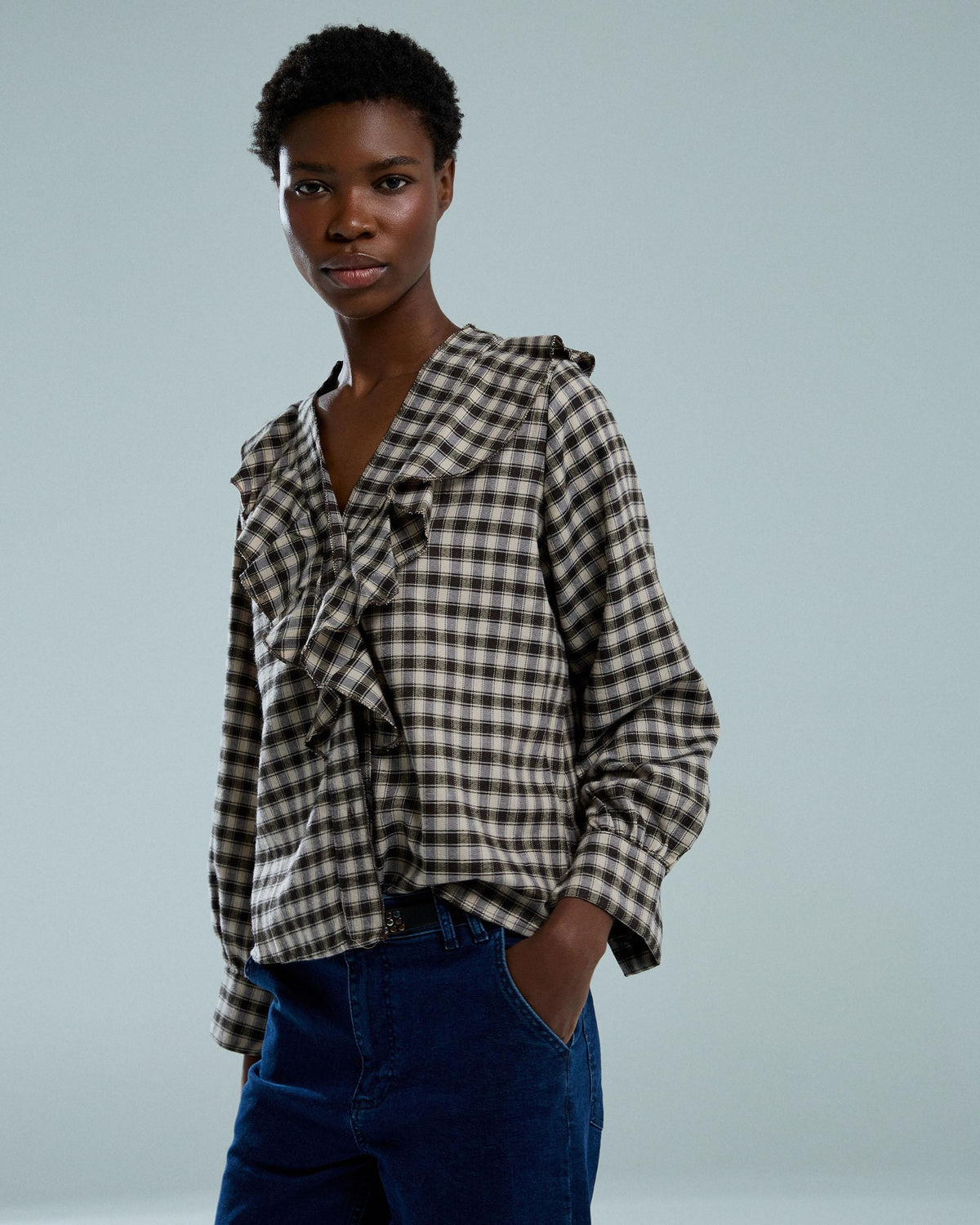 Blusa Volante Delantero Cuadros Marrón