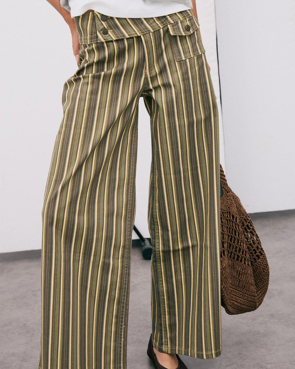 Triple Waistband Pocket Striped Green Jeans