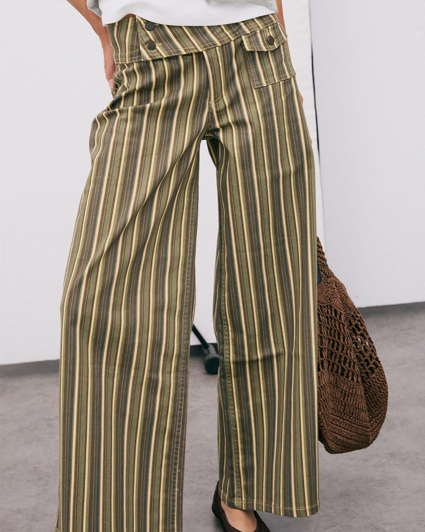 Triple Waistband Pocket Striped Green Jeans