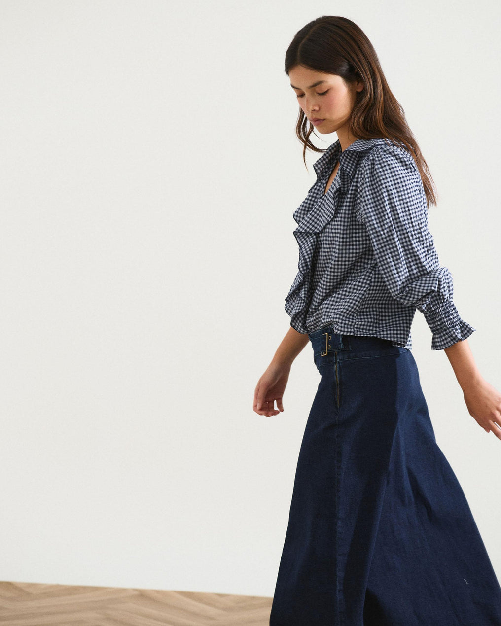 Dark Blue Gingham Blouse with Front Ruffles