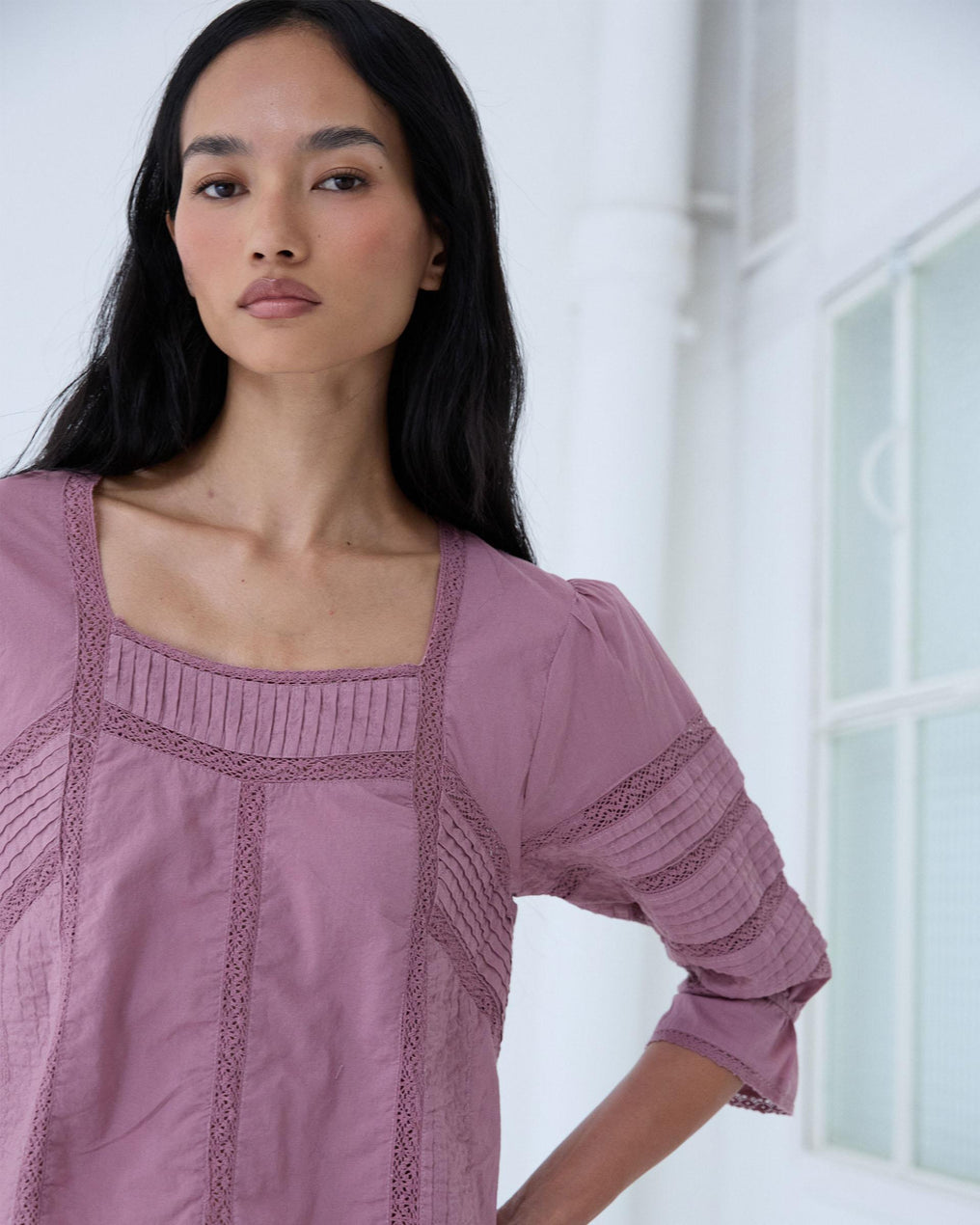 Blouse Col Carré Dentelles Rose