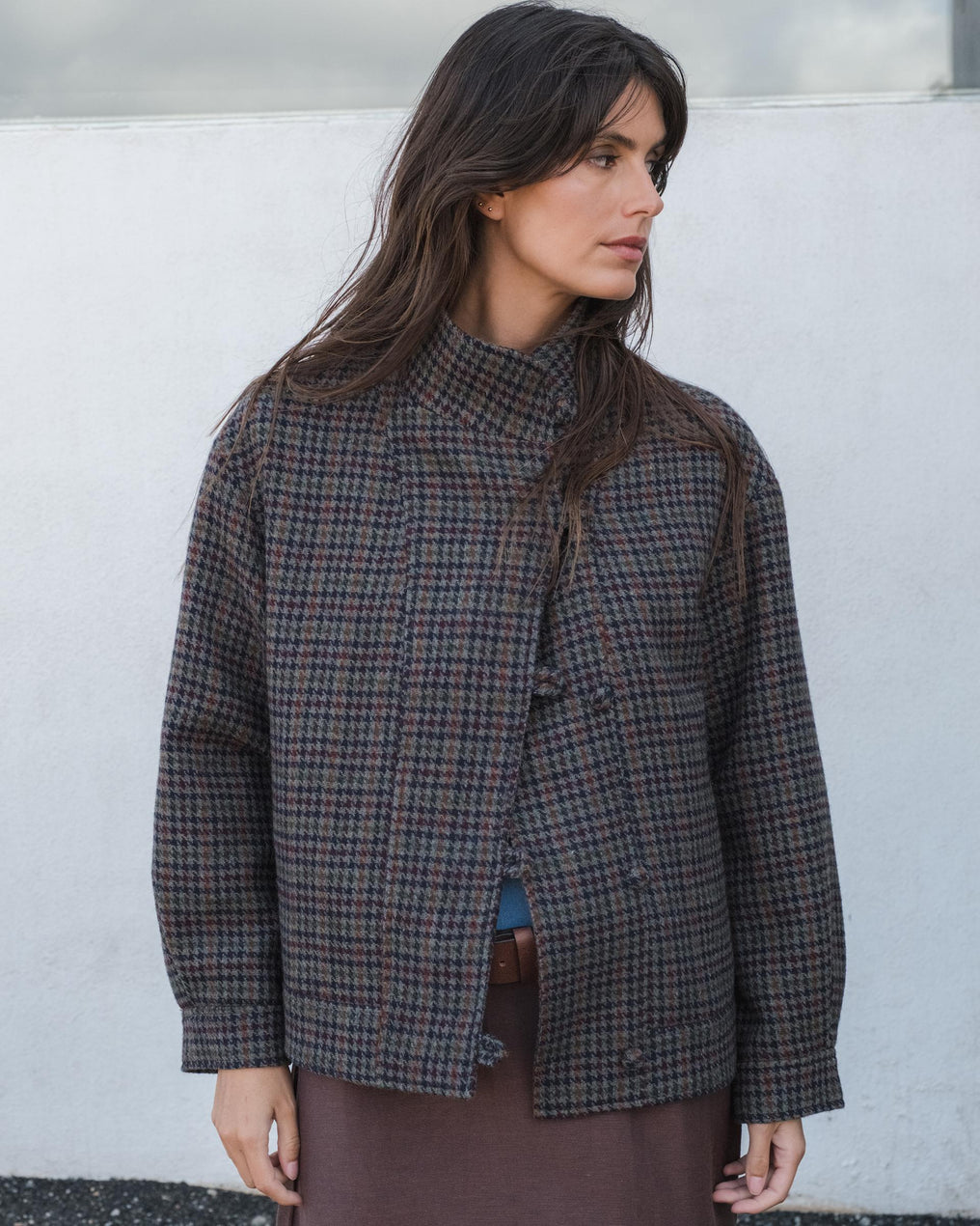 Casaco xadrez trespassado de lã cáqui