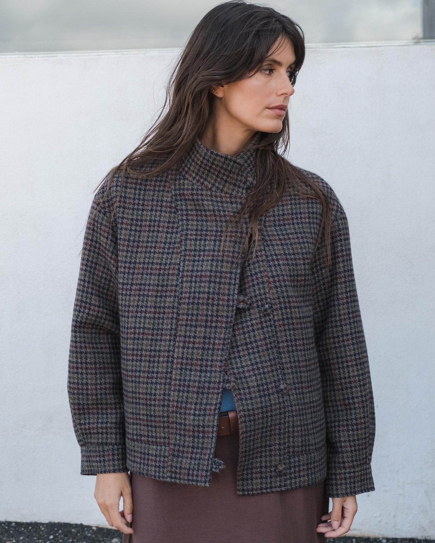 Casaco xadrez trespassado de lã cáqui