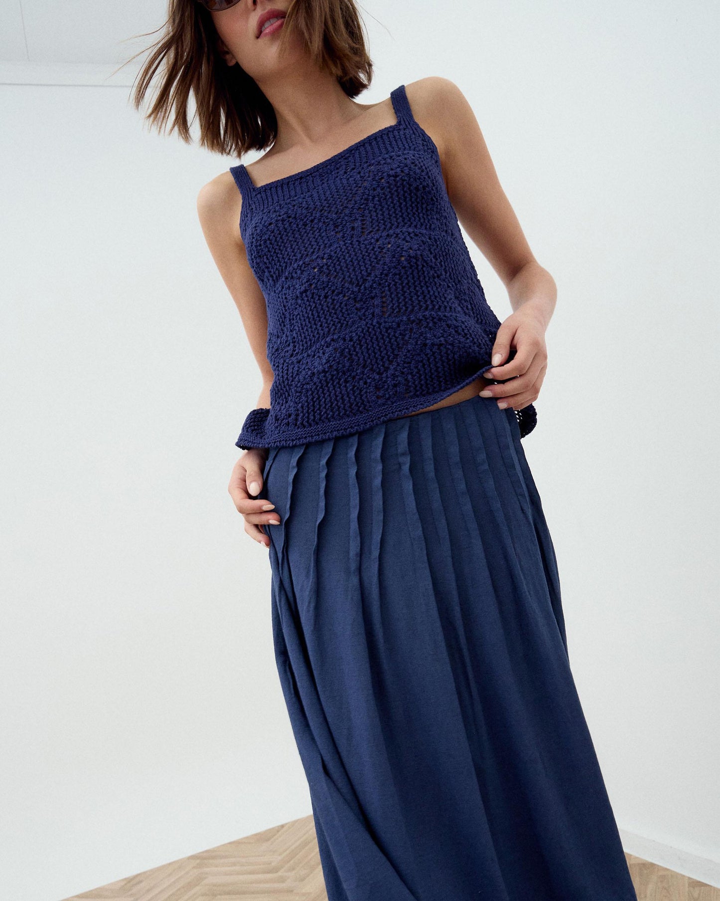 Top Maille Bretelles Ajourés Bleu Marine