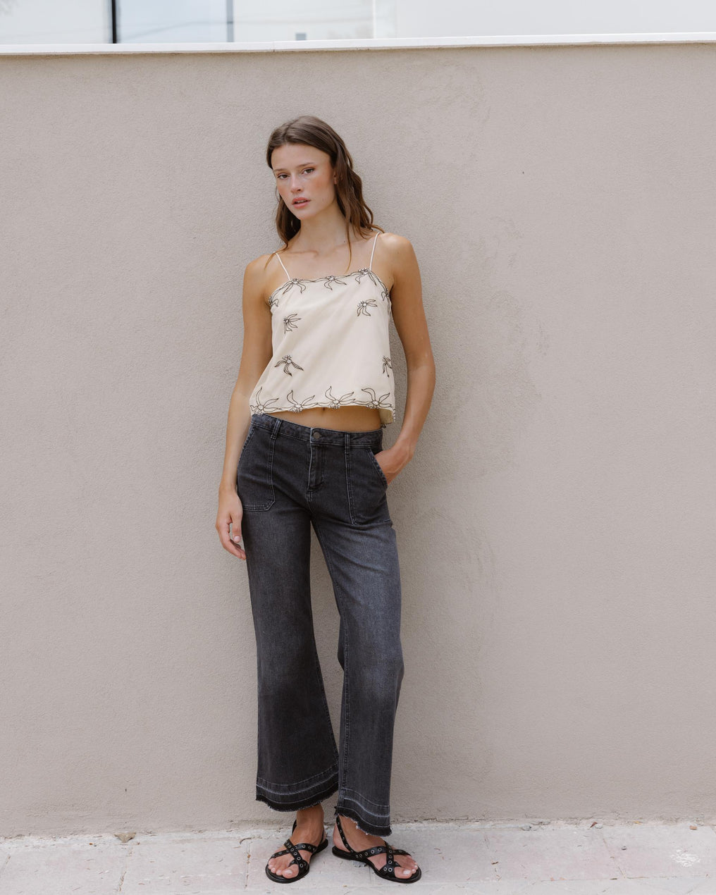 Top Bretelles Tulle Broderies Sequins Écru