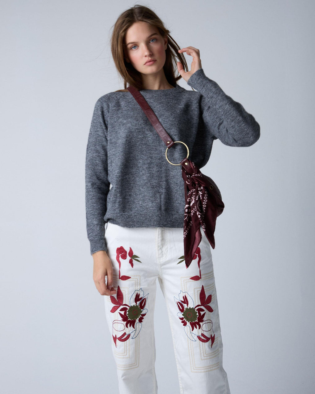 White Floral and Checkered Embroidered Jeans