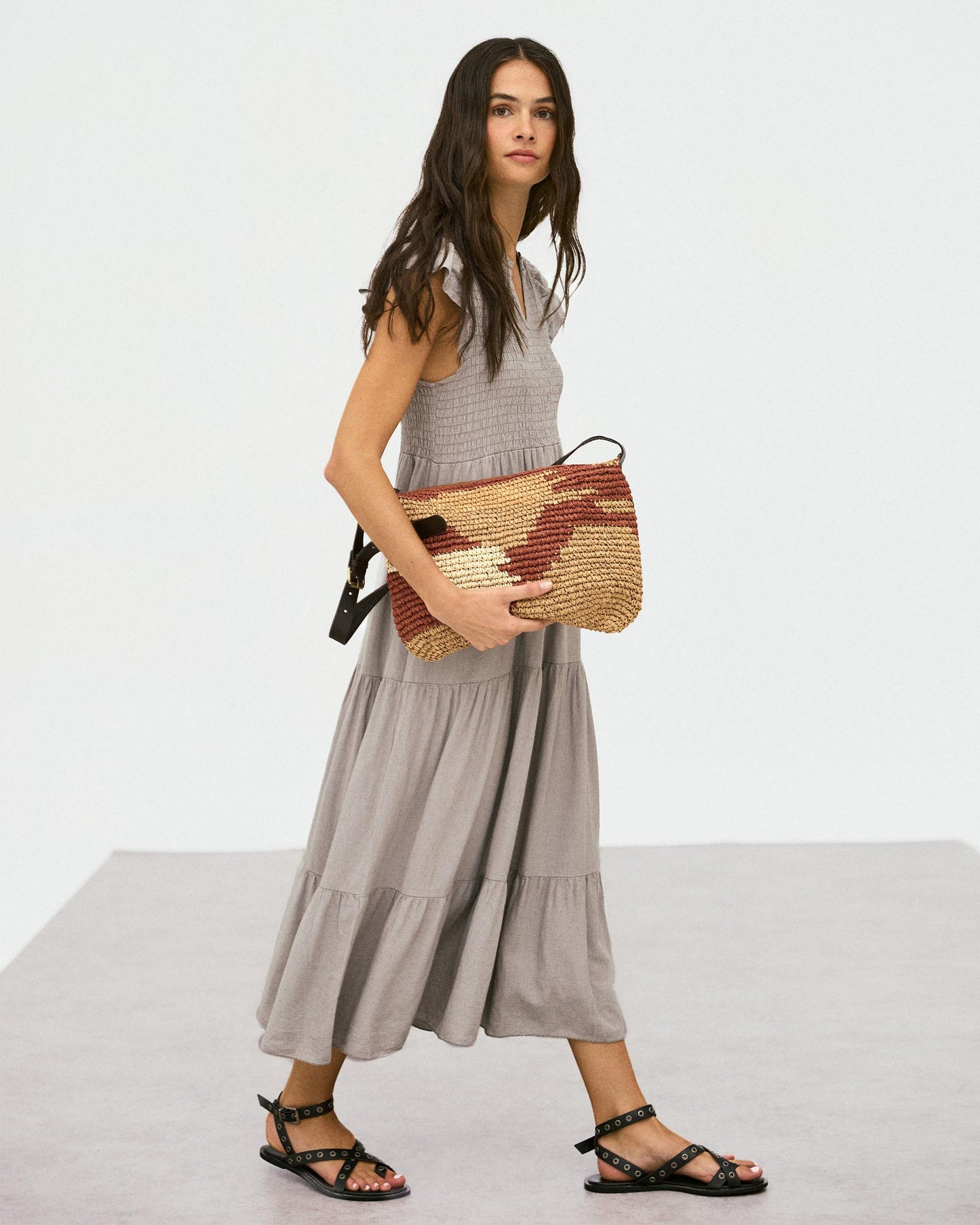 Vestido Largo Lino Nido De Abeja Taupe
