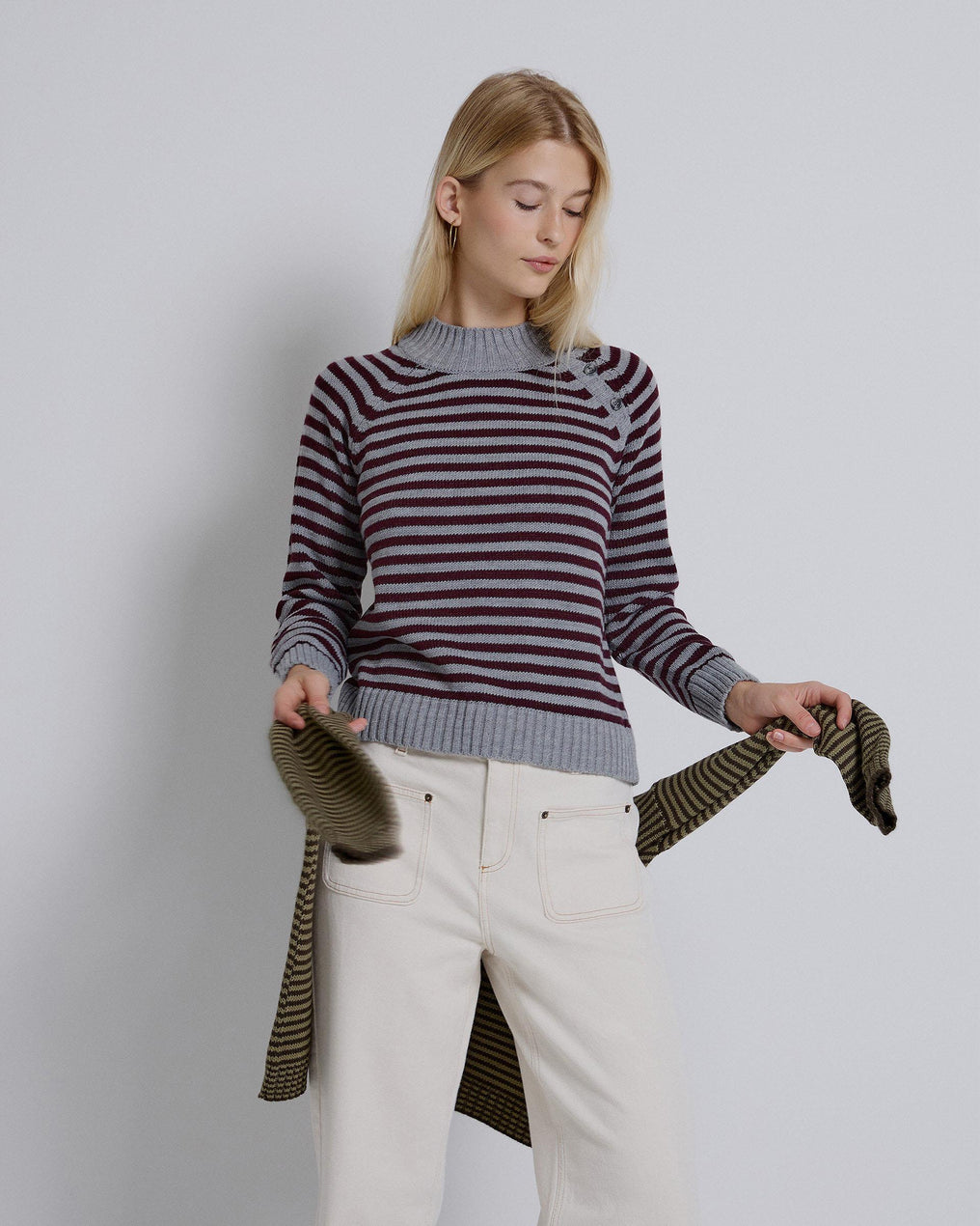 Jersey Manga Ranglán Botones Rayas Berenjena