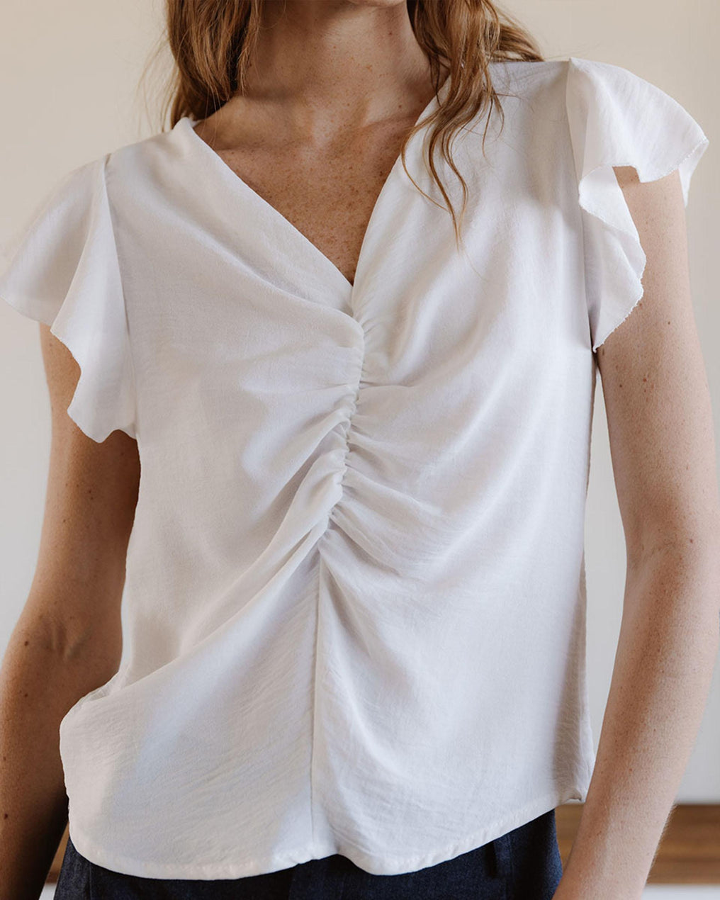 White Gathered Short Sleeve Blouse