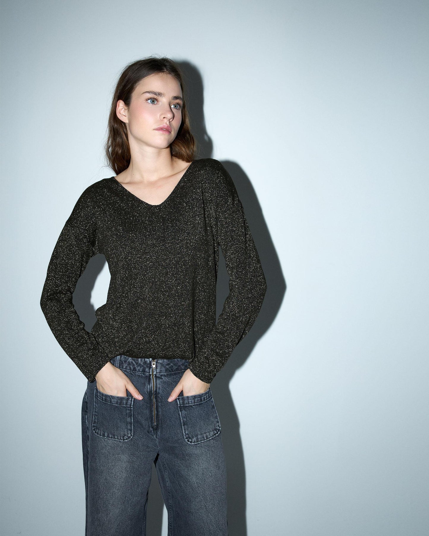 T-shirt preta de manga comprida com lurex