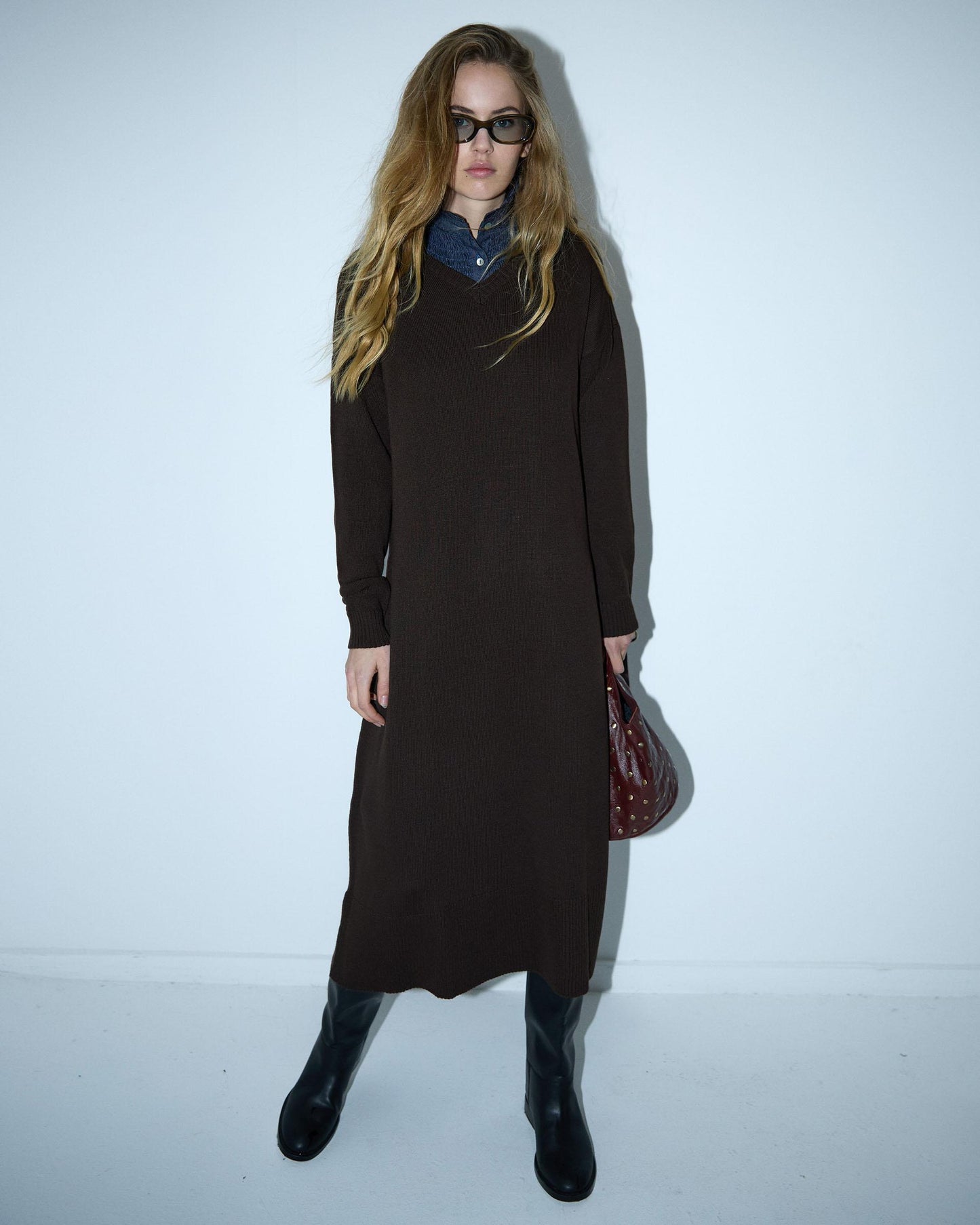 Vestido Punto Cuello Pico Marrón