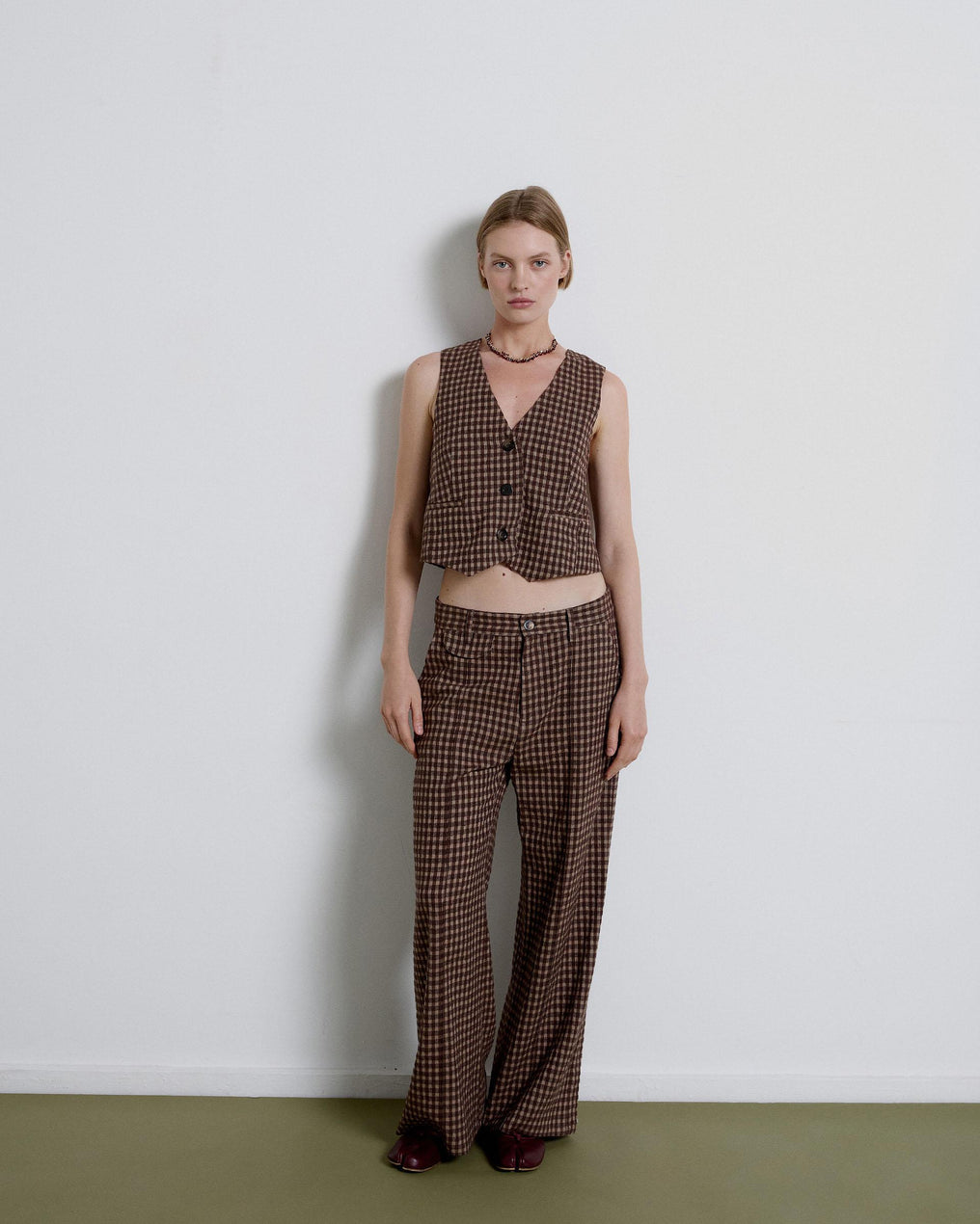 Brown Plaid Lapel Trousers
